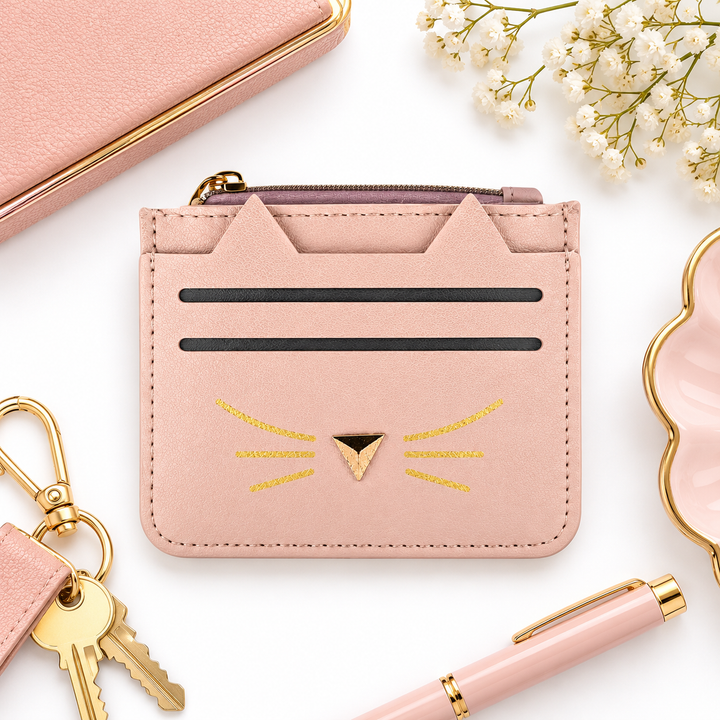 A pink faux-leather card holder wallet designed like a cat face, featuring gold embroidered whiskers and a gold metal keychain attached, styled in a flat-lay with a pink notebook, pen, and flowers on a white background.