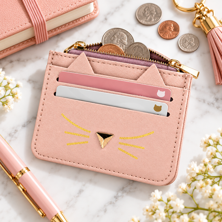 A pink faux-leather card holder wallet with cat-ear tops and a gold-tone cat face detail on the front, shown open with cards inserted and coins in the zipper. The wallet is styled on a marble surface with a pink notebook, pen, tassel keychain, and small white flowers.