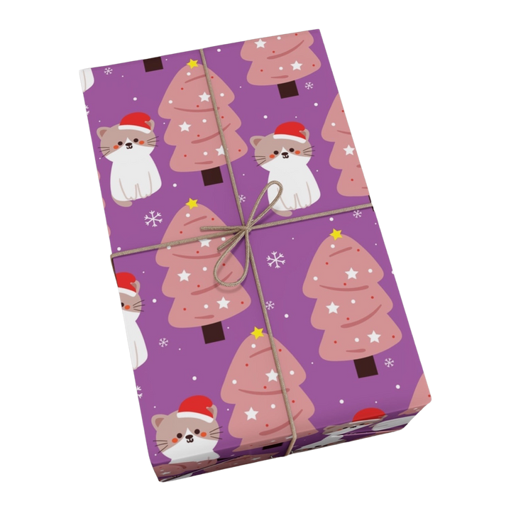 Pink Christmas Tree Cat Gift Wrap- Happy Little Kitty