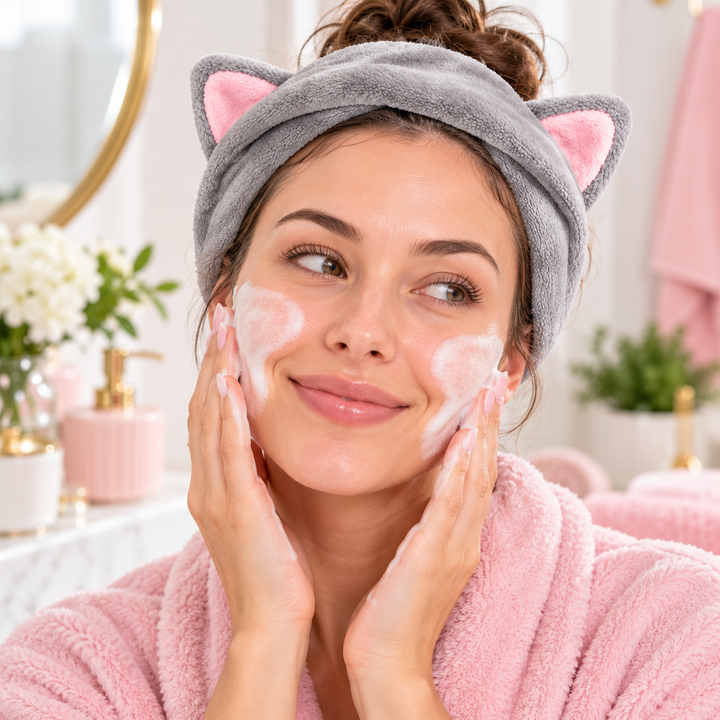A woman wearing a gray cat-ear headband and a pink bathrobe is washing her face with white foam in a bright bathroom setting.