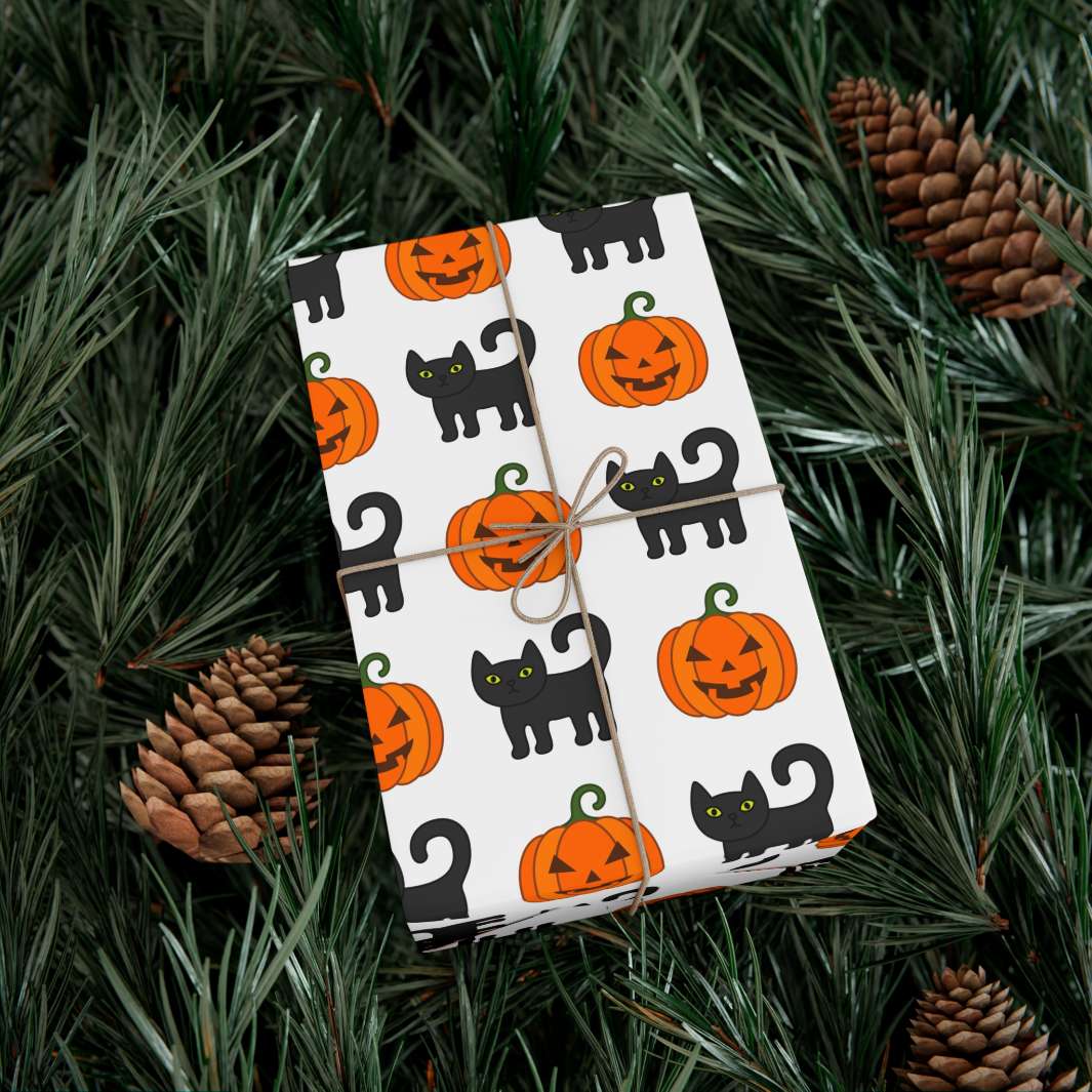 Pumpkin Pawprints Gift Wrap - Happy Little Kitty