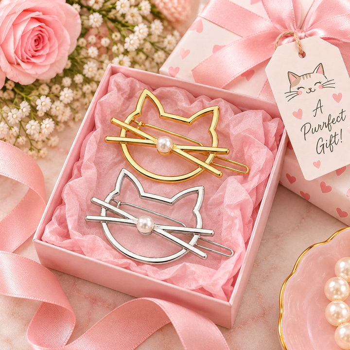 Two cat-shaped hair clips, one gold and one silver, each with a small pearl at the center, presented in a pink gift box with tissue paper. A pink ribbon and a gift tag reading 'A Perfect Gift!' are visible, along with decorative pink roses and pearls.