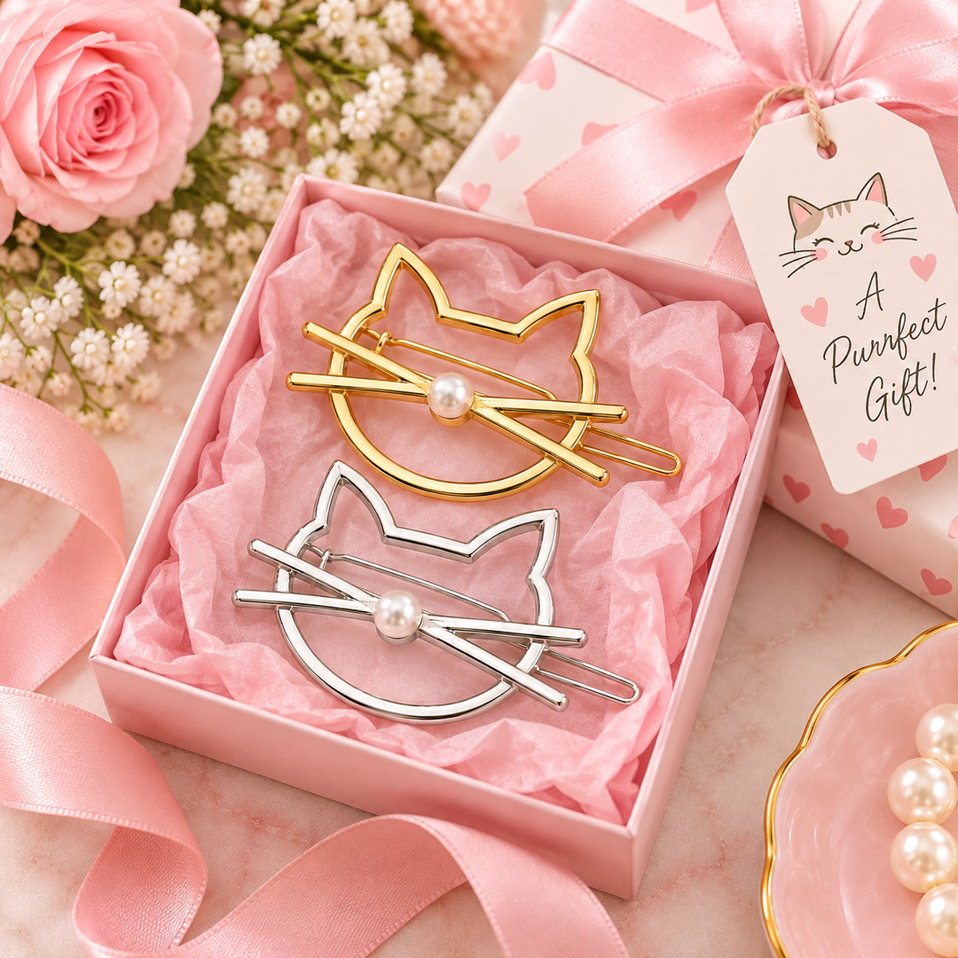 Two cat-shaped hair pins, one gold and one silver, each with a small pearl at the center, presented in a pink gift box with tissue paper. A pink ribbon and a gift tag reading 'A Perfect Gift!' are visible, along with decorative pink roses and pearls.