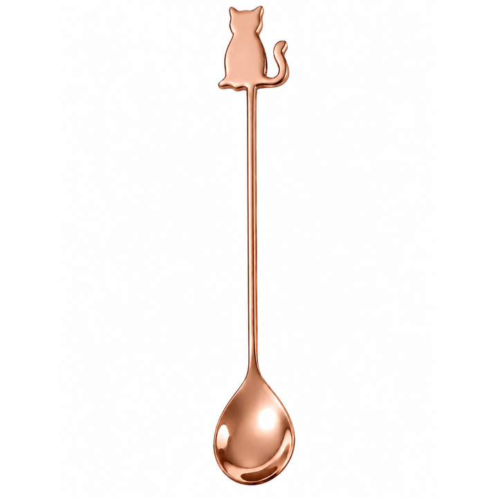 A long metal spoon with a small cat silhouette at the top, finished in a shiny rose gold tone, shown on a plain white background.