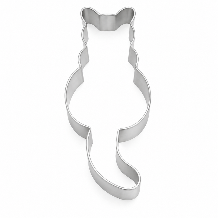 A silver metal cat-shaped cookie cutter on a plain white background.