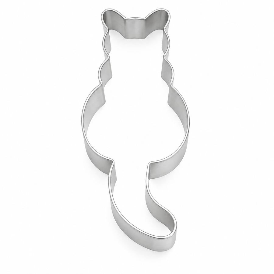 A silver metal cat-shaped cookie cutter on a plain white background.
