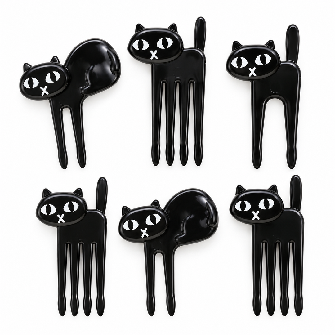 Six black cat-shaped fruit picks arranged in two rows of three on a plain white background.