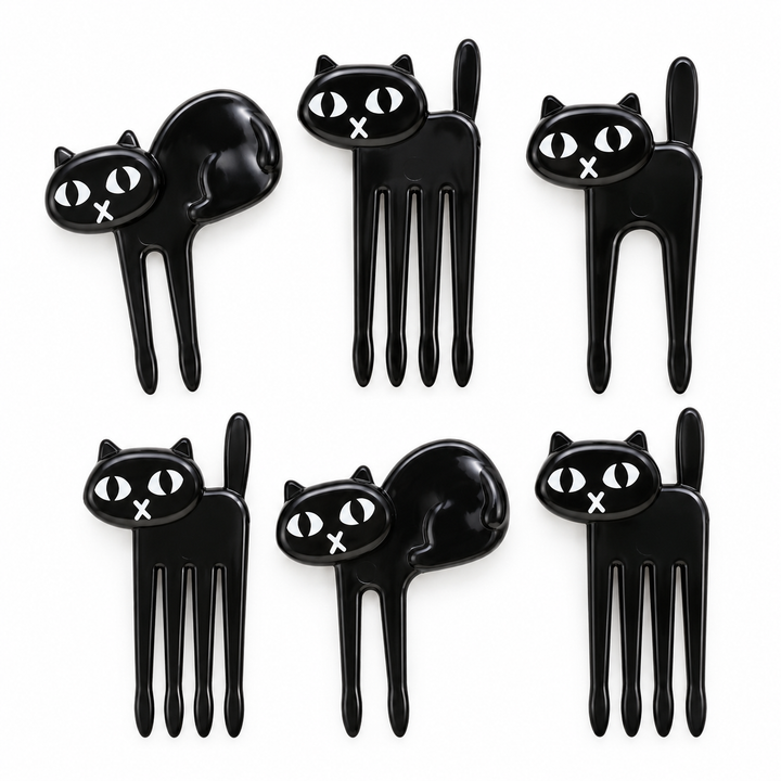 Six black cat-shaped fruit picks arranged in two rows of three on a plain white background.