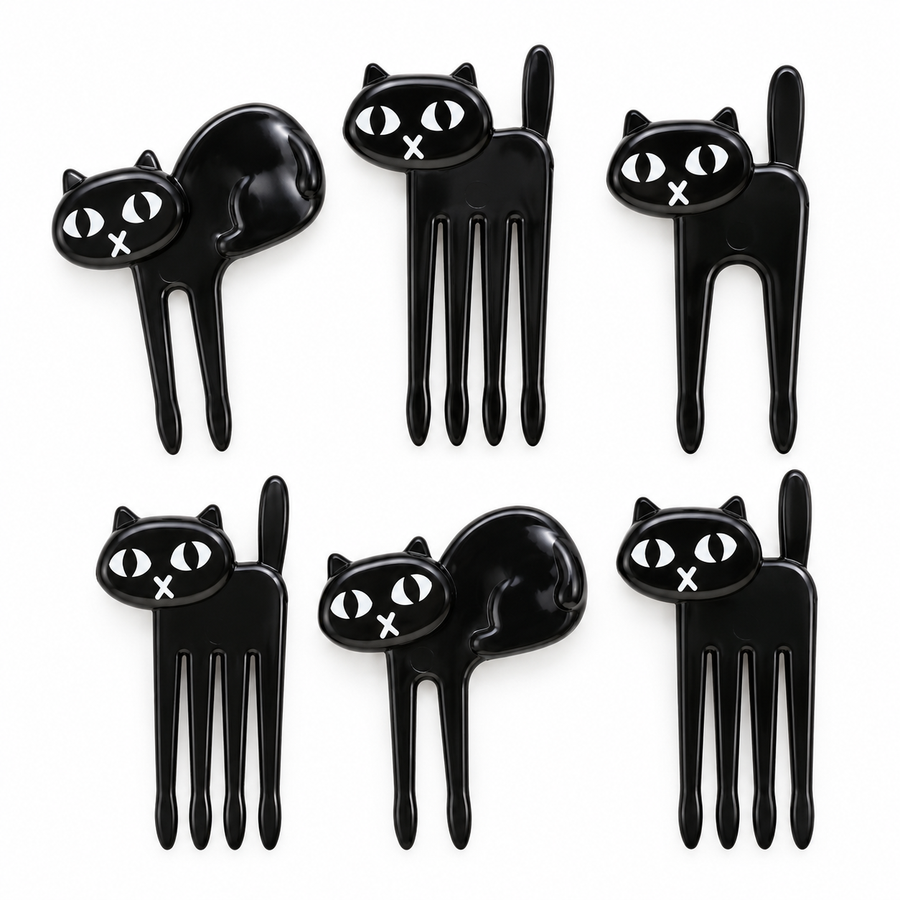 Six black cat-shaped fruit picks arranged in two rows of three on a plain white background.