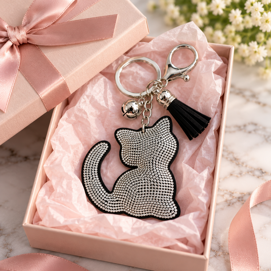 A rhinestone-embellished cat-shaped keychain with a black tassel and silver clasp, presented in a pink gift box with pink tissue paper and ribbon.