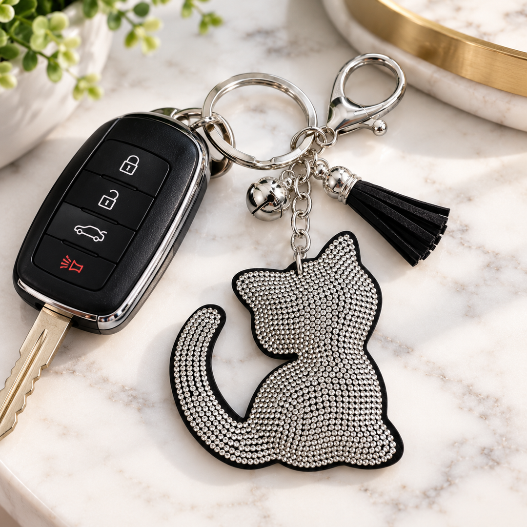 A silver cat-shaped keychain covered in rhinestones with a black tassel, shown next to a car key fob on a white marble surface.