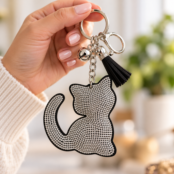 A close-up of a hand holding a silver cat-shaped keychain covered in sparkling rhinestones, with a black tassel and small silver bell, against a softly blurred indoor background.