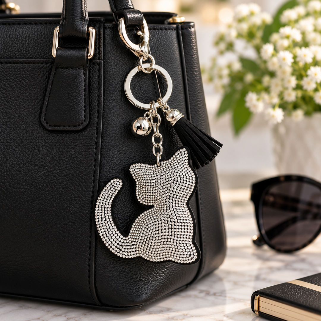 A black textured handbag with a silver-tone key ring and tassel charm featuring a rhinestone cat silhouette, shown on a marble surface with sunglasses and flowers in the background.