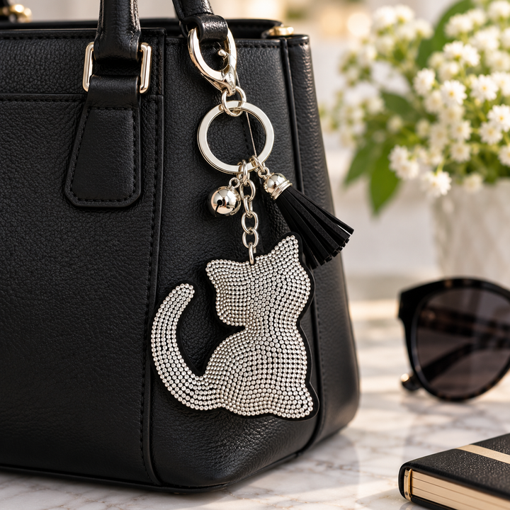 A black textured handbag with a silver-tone key ring and tassel charm featuring a rhinestone cat silhouette, shown on a marble surface with sunglasses and flowers in the background.