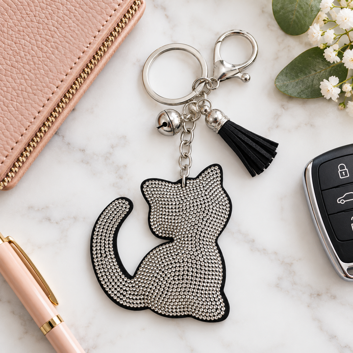 A silver-tone keychain with a rhinestone-embellished cat silhouette charm and a black tassel, styled on a white marble surface with a pink wallet, pen, car key fob, and small white flowers.