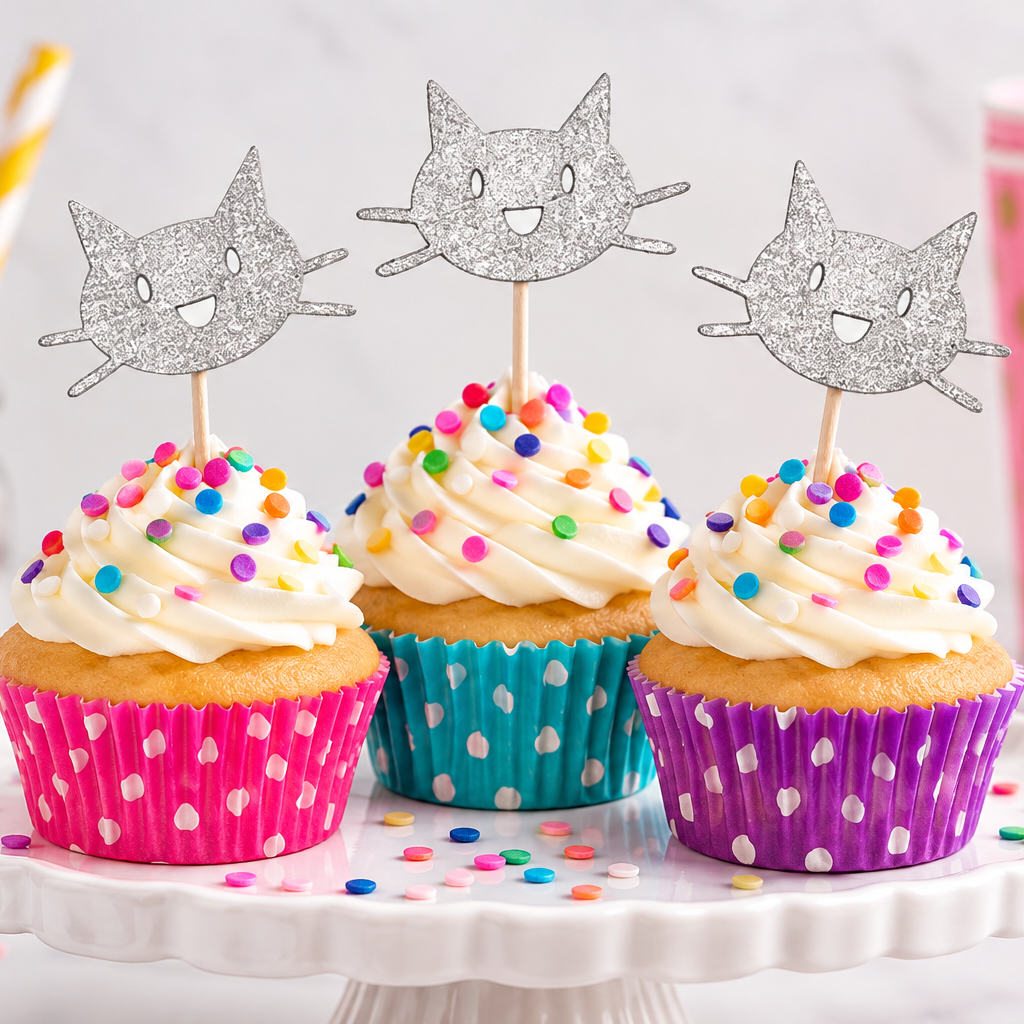 Three frosted cupcakes with colorful sprinkles and silver glitter cat toppers on a white cake stand, with pink and gold polka-dot cups and striped straws in the background.