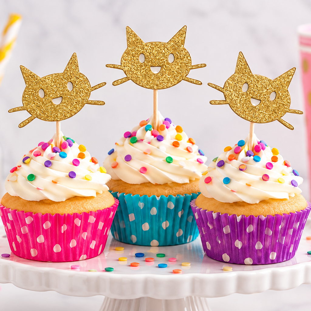Three frosted cupcakes on a white pedestal stand, each topped with a gold glitter cat topper and colorful sprinkles. The cupcakes are in pink, teal, and purple polka-dot paper liners, with striped straws and a pink cupcake holder in the softly blurred background.