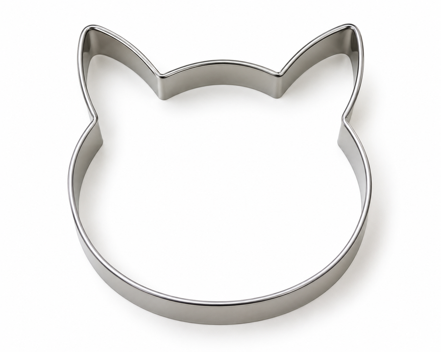 A stainless steel cat-shaped cookie cutter on a clean white background.