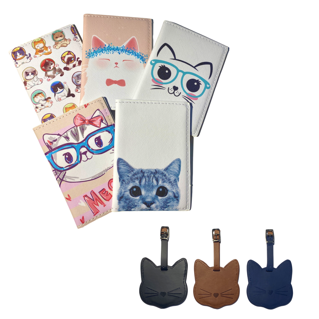 Collection of cat themed passport covers and cat themed luggage tags