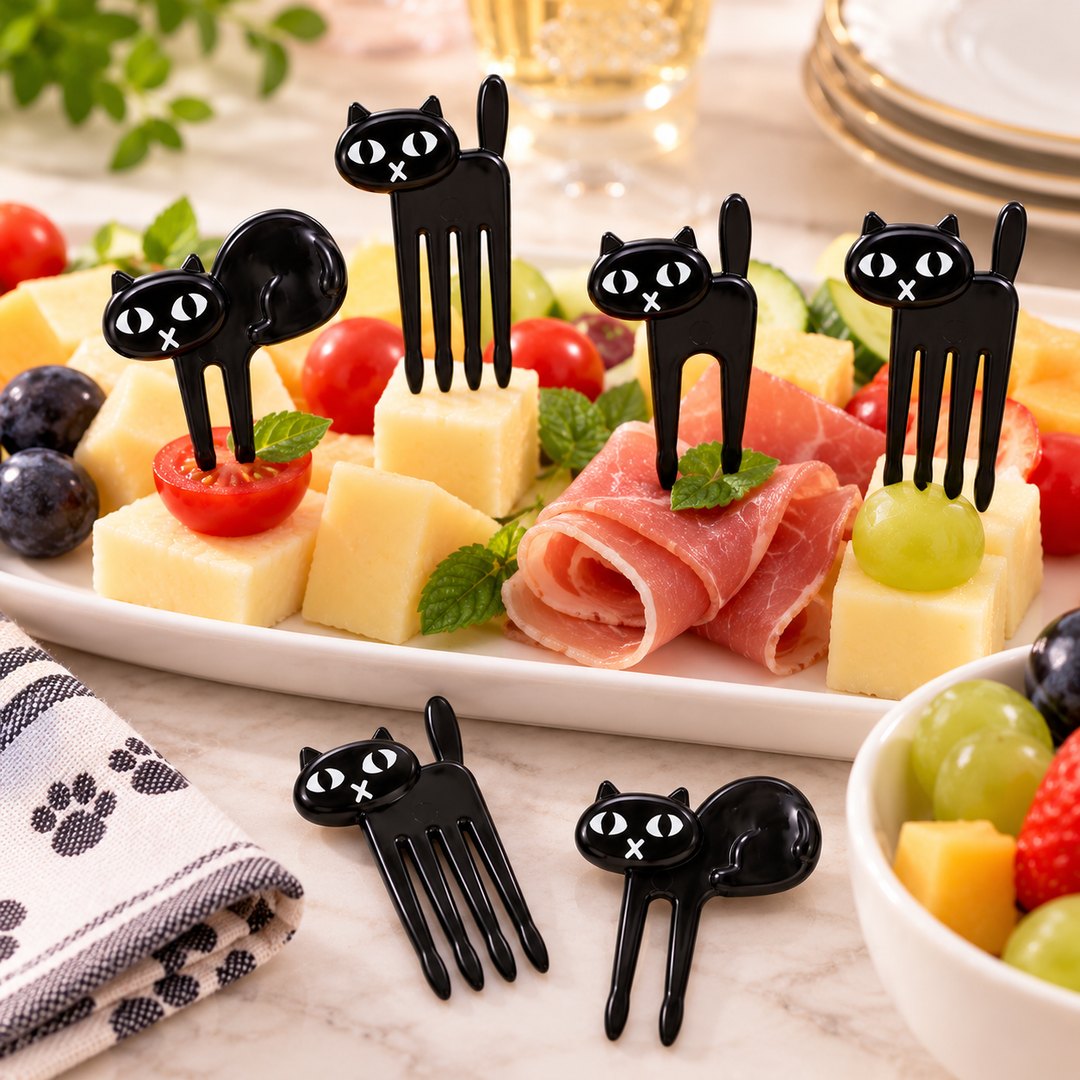 Black cat-shaped plastic fork picks with white embroidered eyes and mouth details, shown on a cheese and prosciutto platter with additional picks on a table setting.