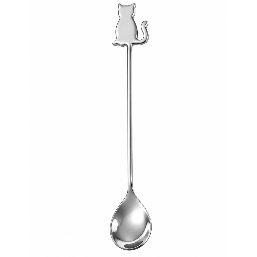 A long, slender silver spoon with a small cat silhouette decoration at the top, shown on a plain white background.