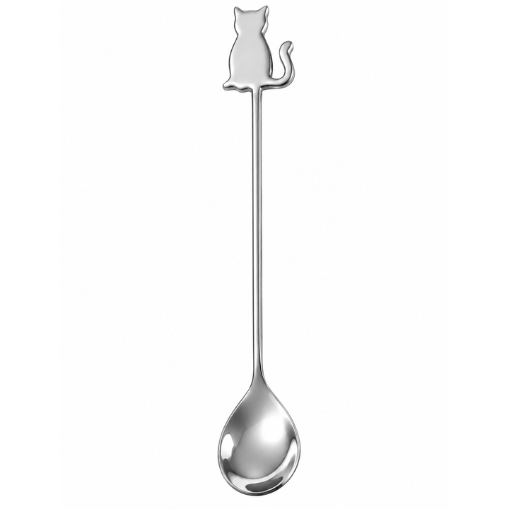 A long, slender silver spoon with a small cat silhouette decoration at the top, shown on a plain white background.