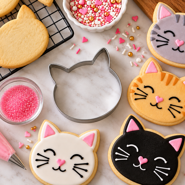 Decorated cat-face sugar cookies arranged on a marble surface with a metal cookie cutter, pink sprinkles, icing, and baking tools. The cookies are in gray, orange, white, and black with pink ears and noses.
