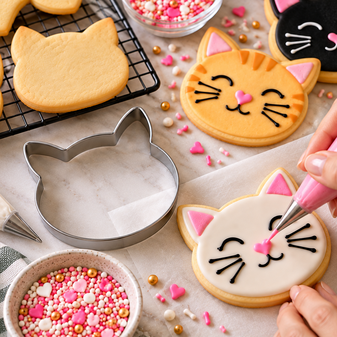 Hands using a pink piping bag to decorate a white cat-shaped sugar cookie with pink and black icing, alongside other cat cookies, sprinkles, a metal cutter, and baking tools on a marble surface.
