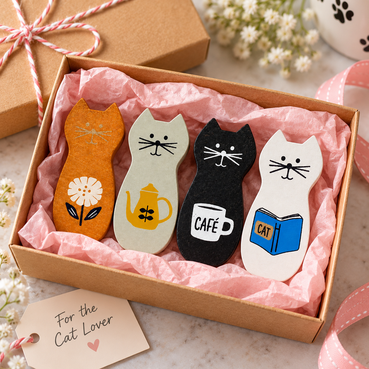 Four cat-shaped bookmarks or tags in orange, cream, black, and white, each decorated with a different cat-themed illustration, presented in a brown gift box with pink tissue paper. A small card reading 'For the Cat Lover' is placed beside the box.