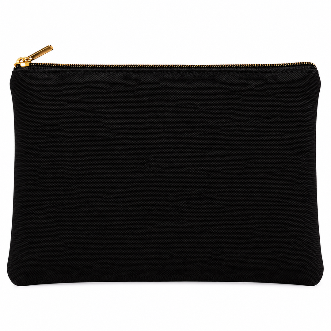 A black canvas zippered pouch with a gold-tone zipper pull, shown against a plain white background.