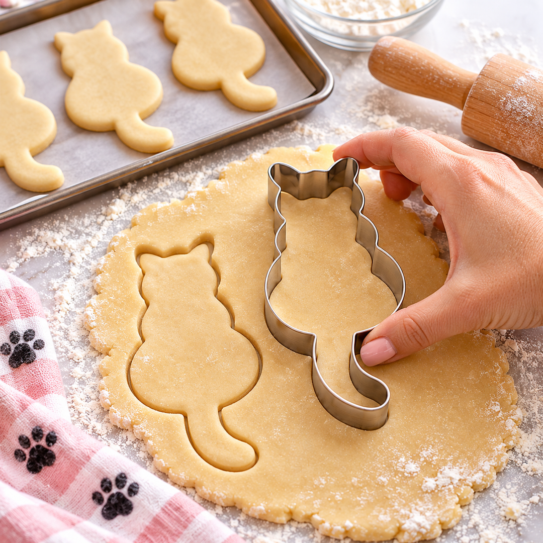 A hand uses a metal cat-shaped cookie cutter on rolled-out dough, with cat-shaped cookies baking on a tray and a rolling pin in the background.