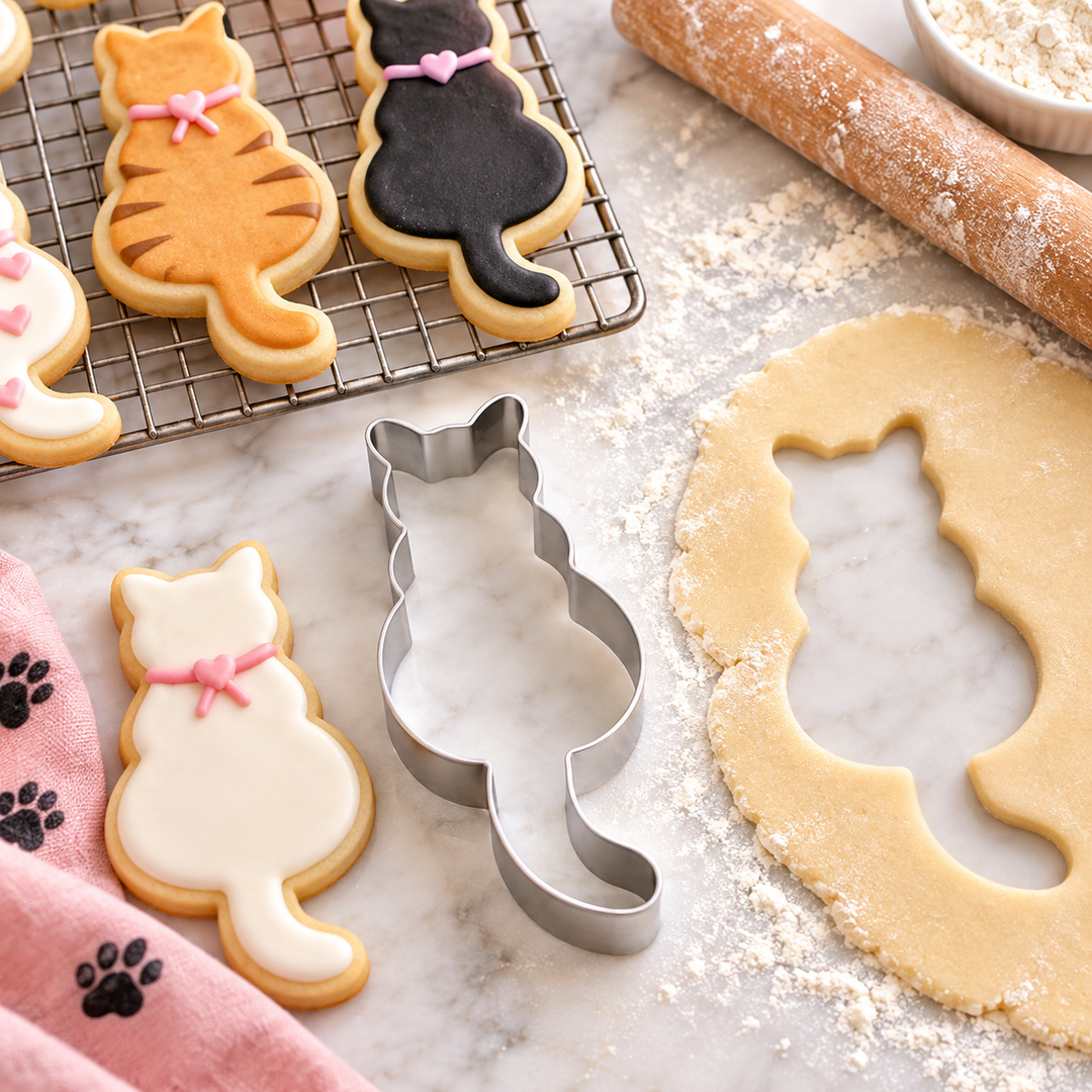 A metal cat-shaped cookie cutter is shown on a marble surface with cut-out cookie dough, a rolling pin, and decorated cat cookies in the background.