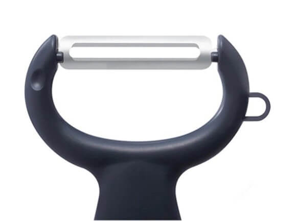 Y-shaped peeler with black handle and silver blade on a white background