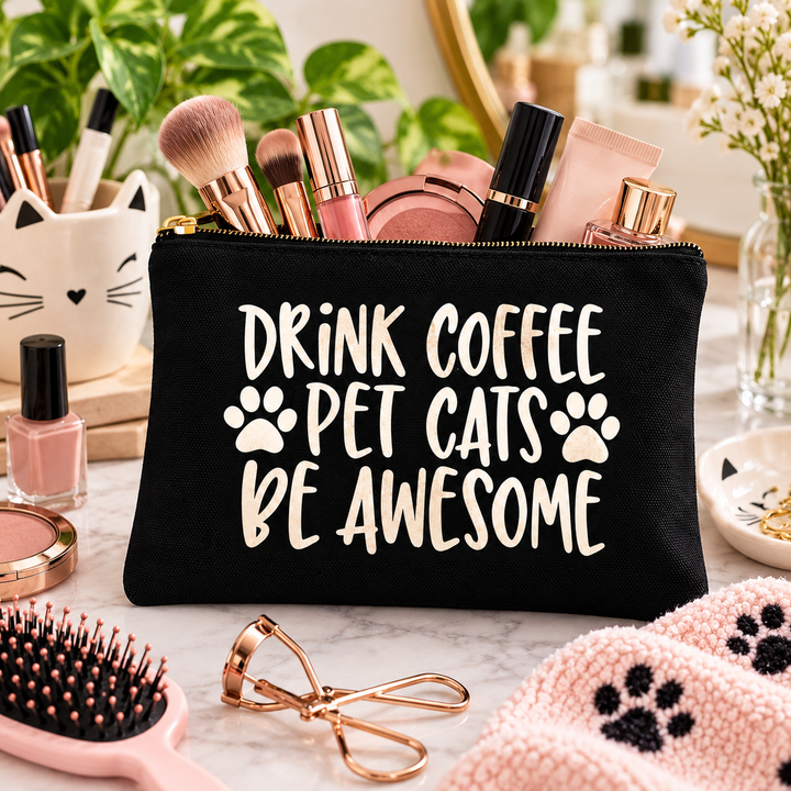 A black cosmetic pouch with a gold zipper and white text reading 'DRINK COFFEE PET CATS BE AWESOME' with paw prints, filled with makeup items, on a marble surface with beauty props around it.
