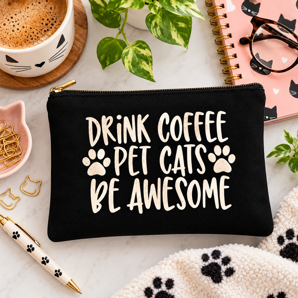 A black zippered pouch with white text reading 'DRINK COFFEE PET CATS BE AWESOME' and paw prints, styled in a flat lay with a coffee cup, notebook, glasses, pen, and plant on a light marble surface.