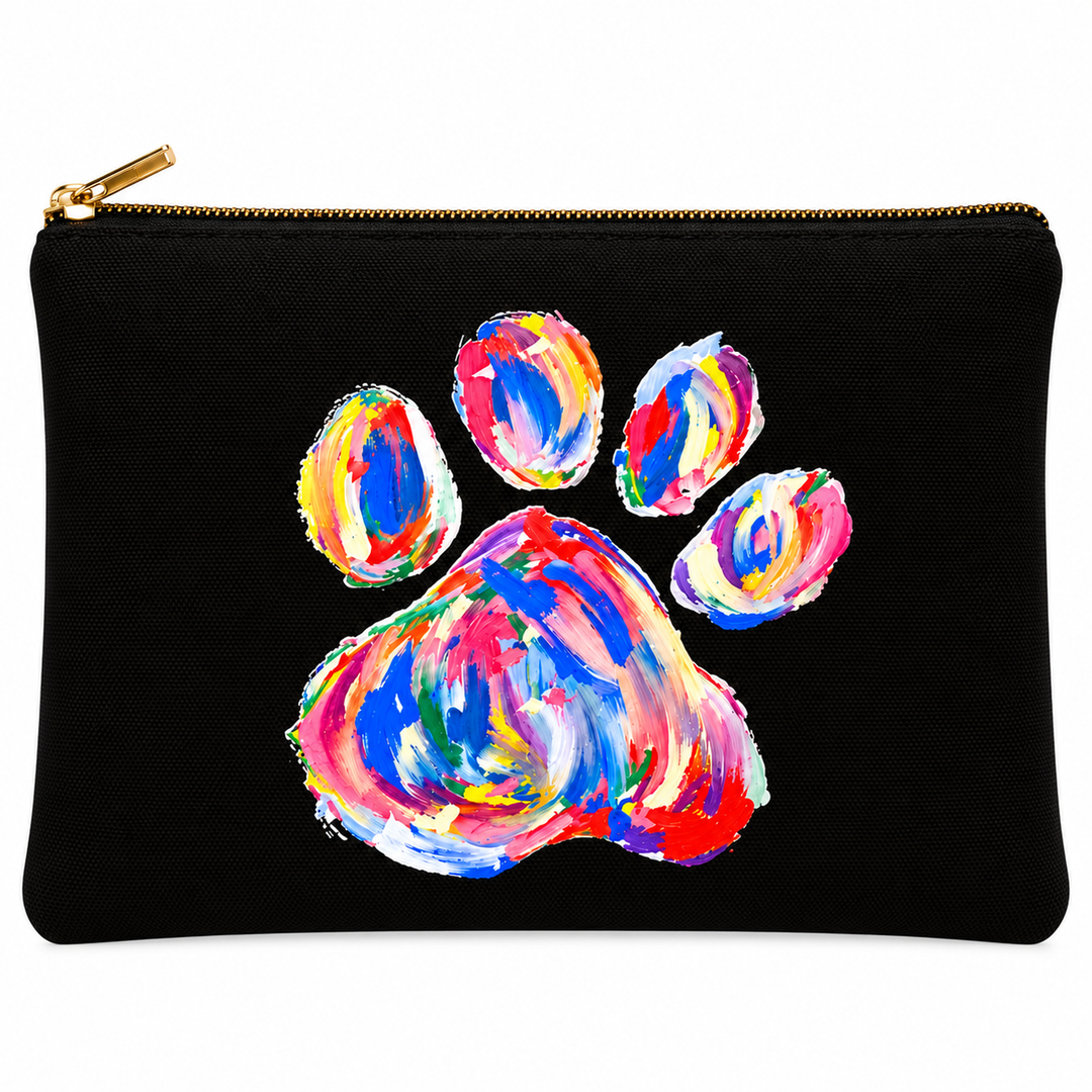 A black zippered pouch featuring a large, colorful painted paw print on the front, with a gold zipper pull, shown against a plain white background.