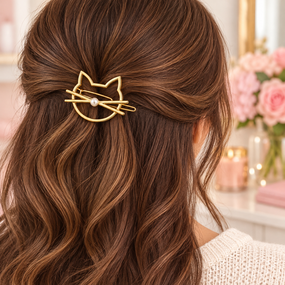 A woman's half-updo hairstyle with long, wavy brown hair, secured with a gold cat-shaped hair clip featuring a small white pearl accent, shown from a back view in a softly lit indoor setting.