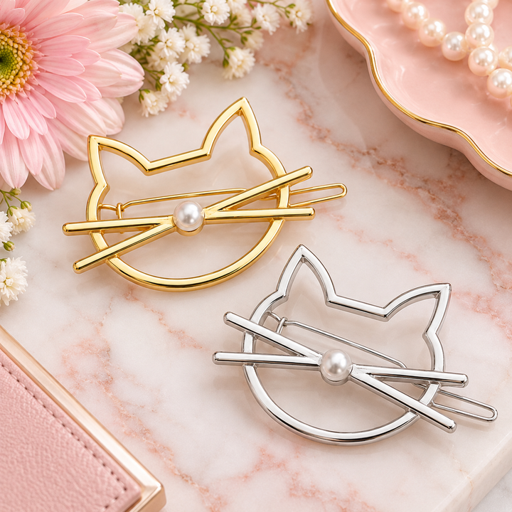 Two cat-shaped hair claw clips, one gold and one silver, each with a small pearl at the center, displayed on a pink marble surface with decorative flowers and a pink dish in the background.
