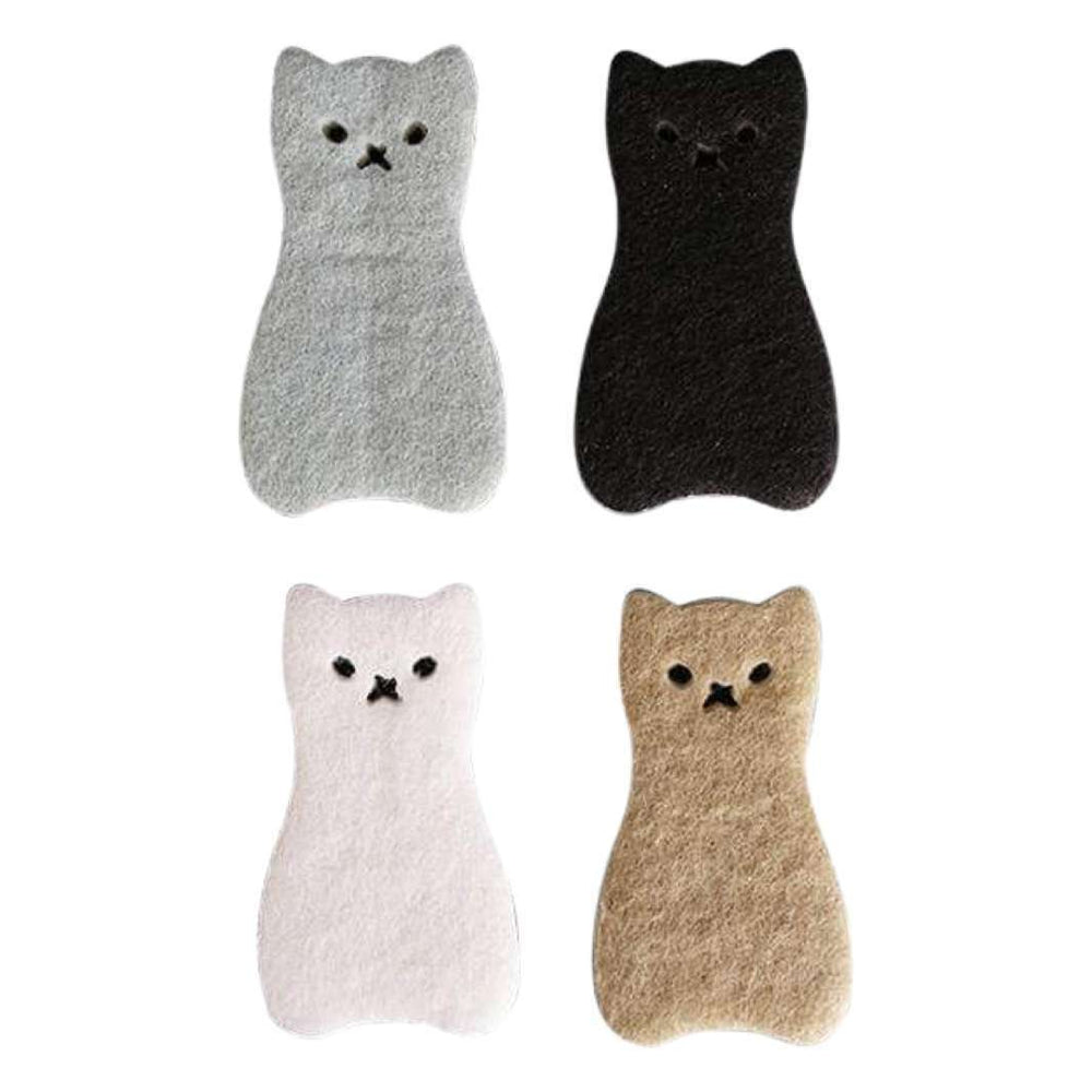 Keep Things Clean Cat Kitchen Sponges in gray, black, white and tan, featuring cute cat-shaped silhouettes with pointed ears, embroidered-style eyes and tiny X-shaped noses on a white background