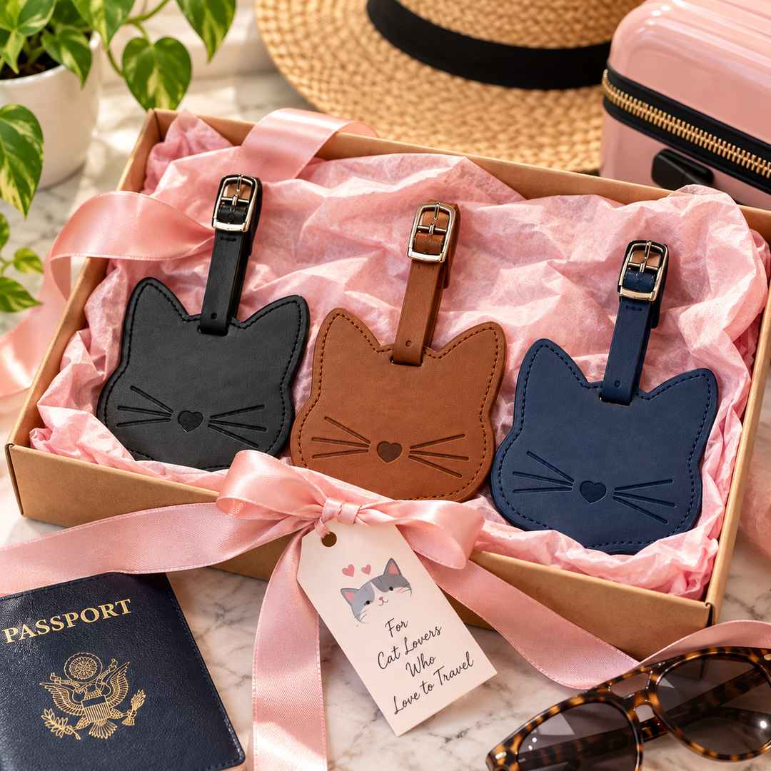 Three cat-shaped luggage tags in black, brown, and navy blue are displayed in a gift box with pink tissue paper, a pink ribbon, and a tag that reads 'For Cat lovers Who Love to travel'. A passport, sunglasses, a straw hat, and a pink case are styled around the box on a marble surface.