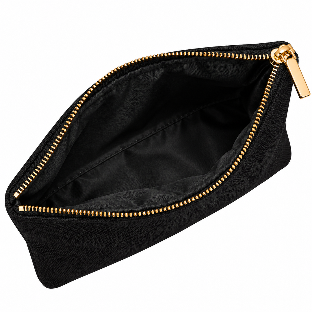 A black canvas zippered pouch shown open to reveal a black interior lining and gold-tone zipper hardware, isolated on a white background.
