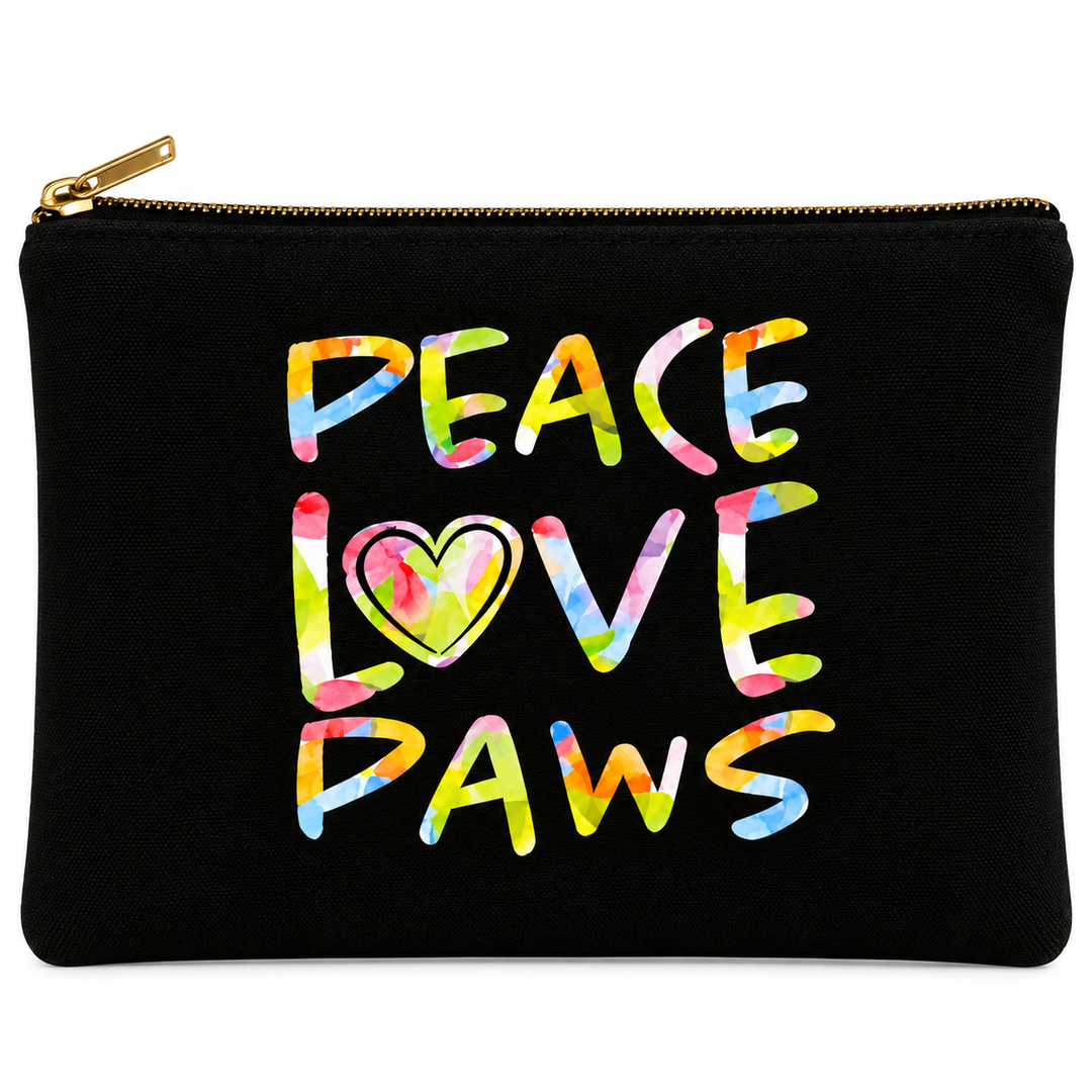 A black zippered pouch featuring the phrase 'PEACE LOVE PAWS' in a colorful tie-dye font, with a heart symbol replacing the letter 'O'.
