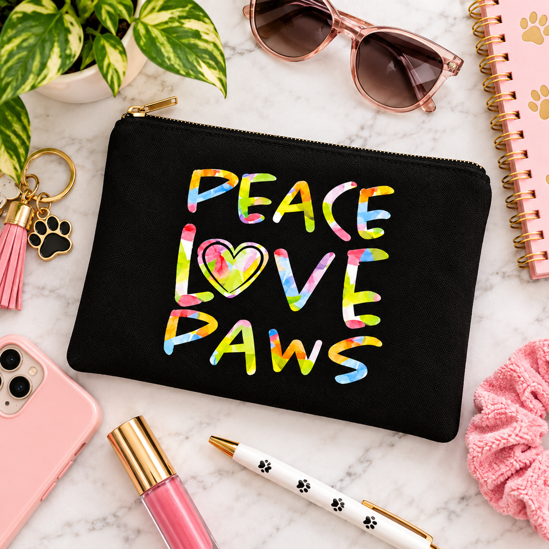 A black zippered pouch with 'PEACE LOVE PAWS' printed in colorful tie-dye letters, styled in a flat lay on a white marble surface with a pink phone, lip gloss, pen, sunglasses, and other accessories.