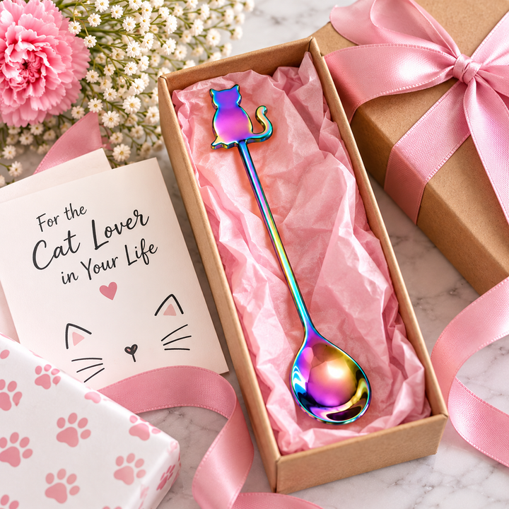 An iridescent rainbow-colored metal spoon with a cat-shaped handle rests in an open brown gift box lined with pink tissue paper. A pink ribbon bow adorns a brown box beside it, and a card reading 'For the Cat Lover in Your Life' is placed nearby with floral and gift props on a light marble surface.