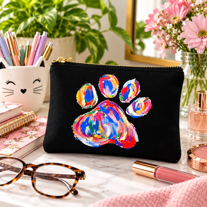A black zippered pouch with a colorful painted paw print on the front, styled on a marble desk with eyeglasses, lipstick, flowers, and stationery.