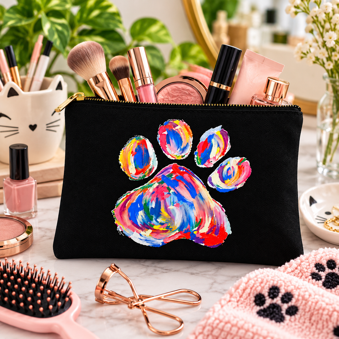 A black zippered cosmetic pouch with a colorful painted paw print on the front, filled with makeup brushes and cosmetics, styled on a marble surface with beauty props.