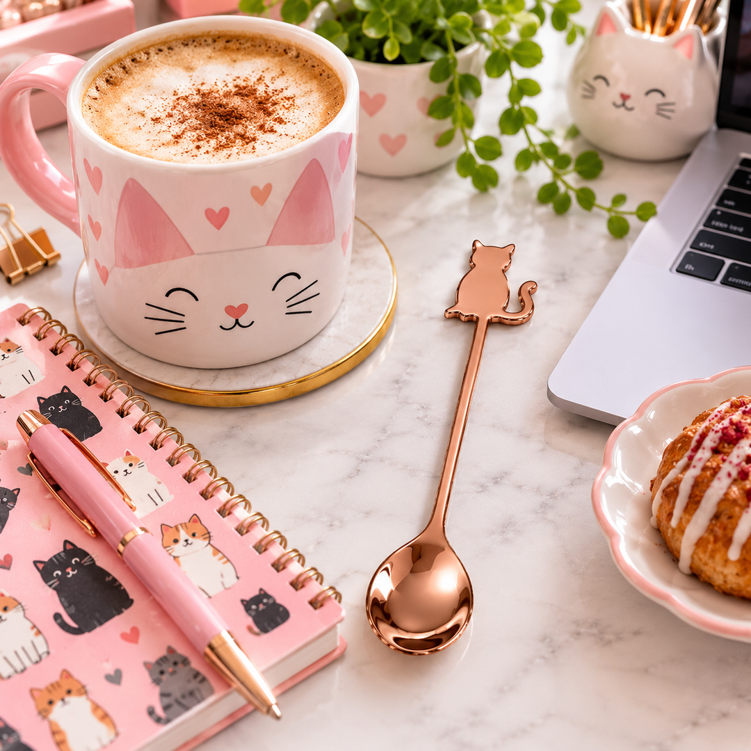 A styled tabletop scene with a white ceramic mug printed with a pink cat face, filled with coffee and topped with cocoa powder, alongside a rose-gold spoon, a pink cat-print pen and notebook, a pastries dish, and a laptop on a marble surface.