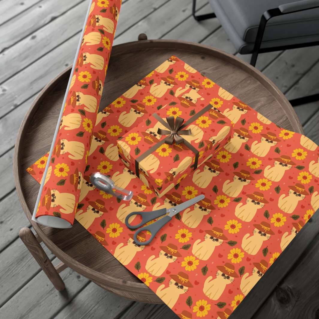 Straw Hat Cat Gift Wrap - Happy Little Kitty