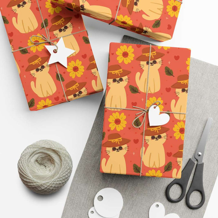 Straw Hat Cat Gift Wrap - Happy Little Kitty