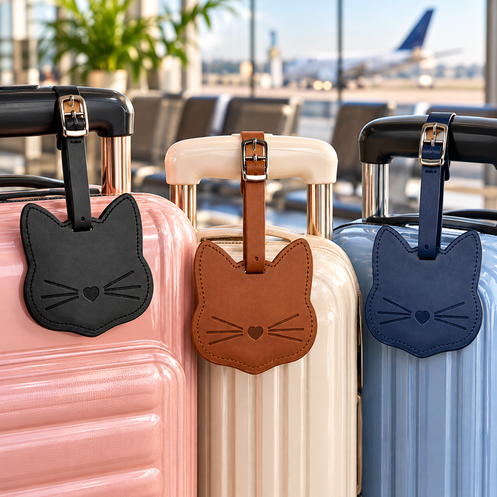 Three hard-shell suitcases in pink, cream, and light blue, each with a matching cat-shaped luggage tag attached to the handle. The tags are black, tan, and navy blue, shown against a blurred airport terminal background.